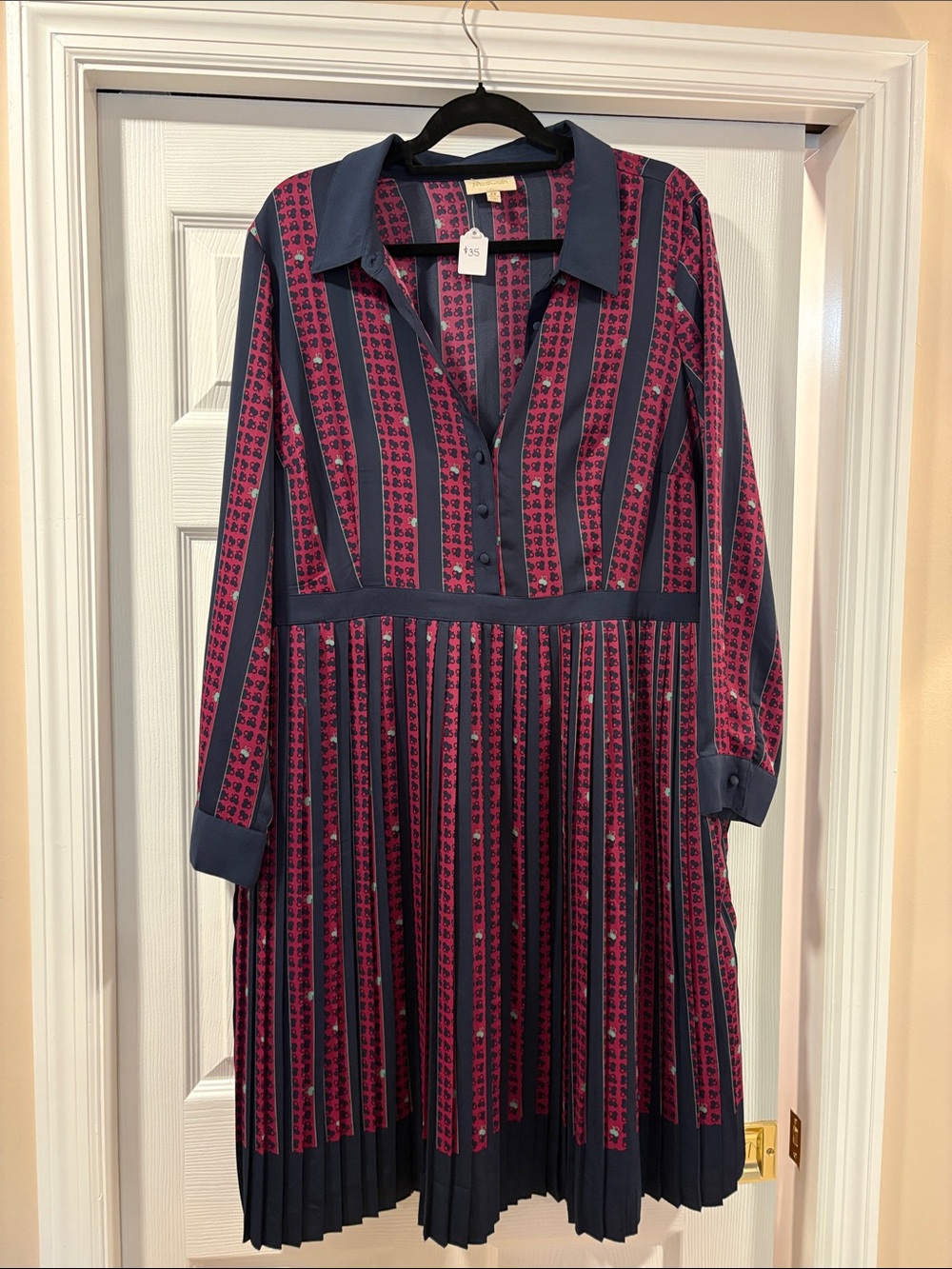 Modcloth Navy and Magenta Striped Pleated Shirt Dress